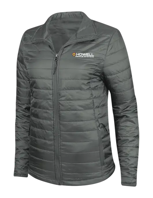 Dark Grey Womens Puffy Packable Jacket w/Howell Rescue Systems Logo